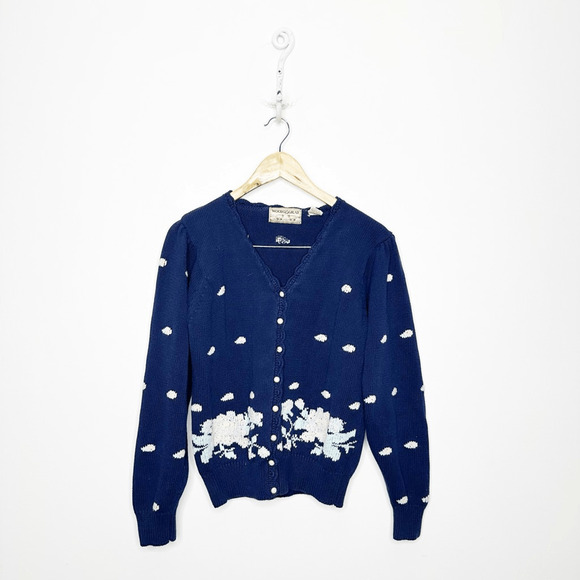 Woods & Gray Sweaters - vtg 90s WOODS & GRAY floral cross stitch embroidered cardigan sweater navy M